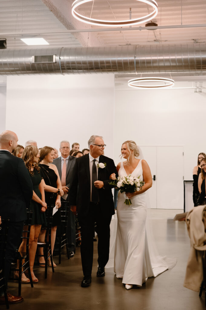 dad escorting bride down the aisle at Mosaic wedding