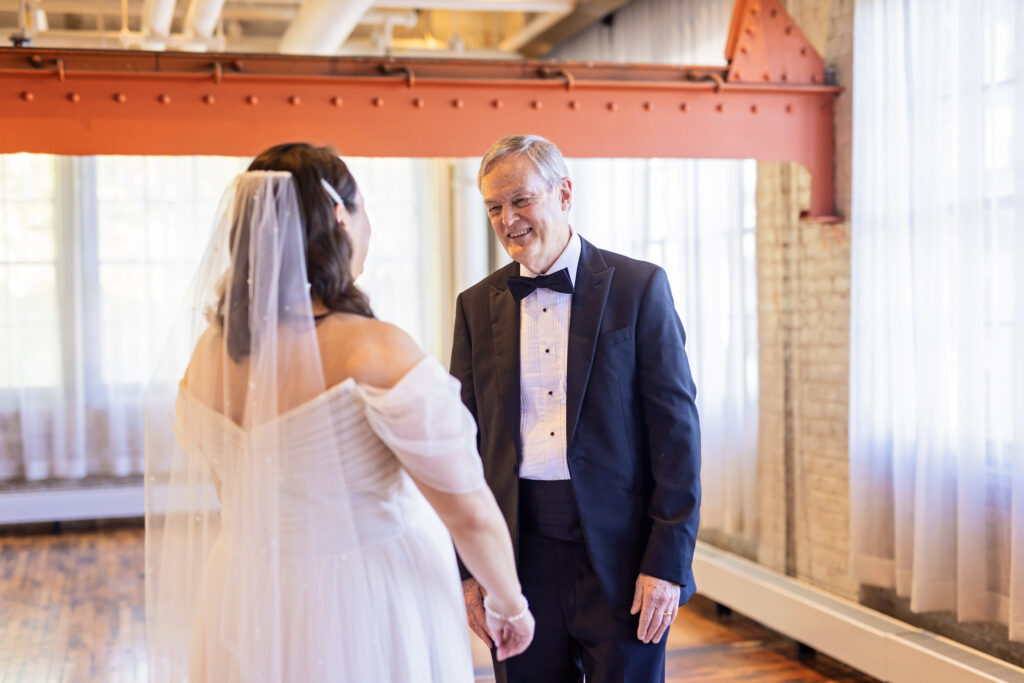 dad reaction to first look with bride at Machine Shop wedding