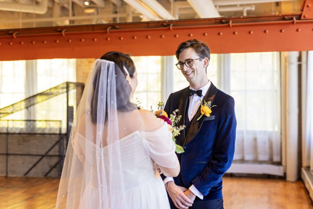 groom reaction to first look with bride at Machine Shop wedding