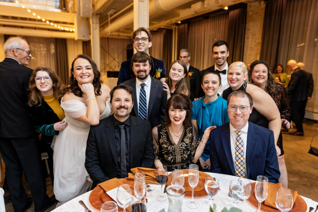 fun table dash portrait with guests at Machine Shop Wedding