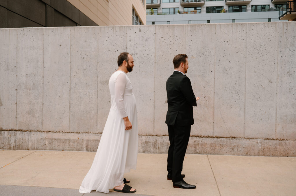 best man wearing wedding dress for first look prank