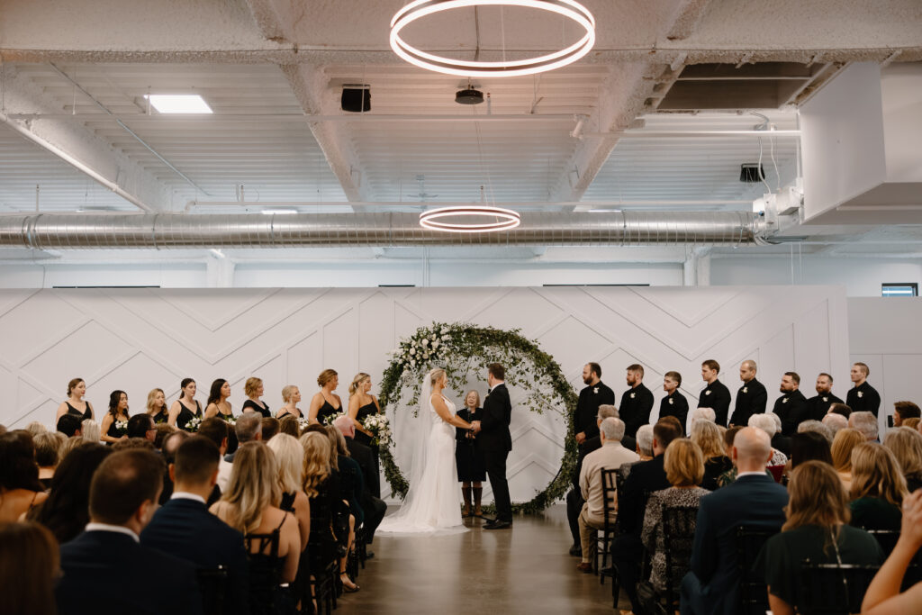 elegant simple ceremony at Mosaic wedding with large guest count