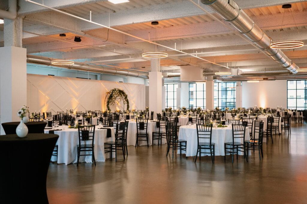 simple reception setup for large guest count at Mosaic wedding