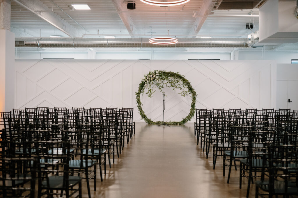 simple black and white ceremony at Mosaic wedding