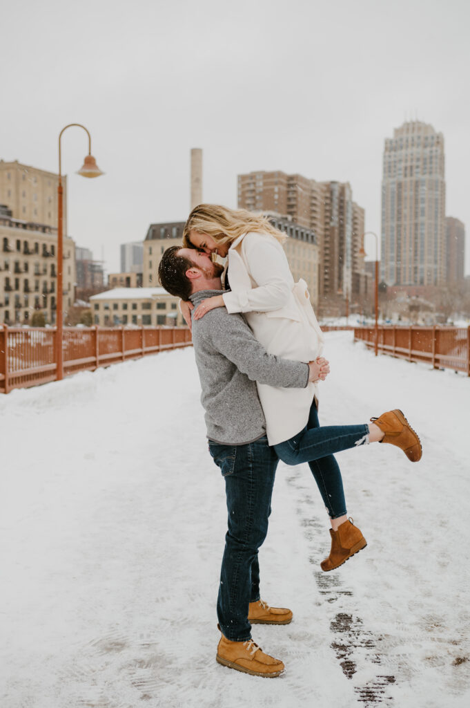 snowy winter engagement photos in Minneapolis