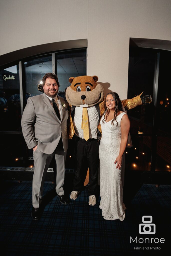 Goldy Gopher with bride and groom at Graduate Hotel wedding