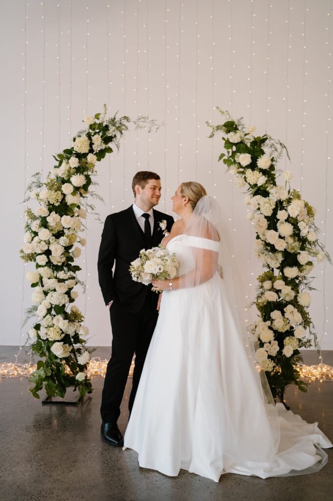 bride and groom portrait at winter Urban Daisy wedding