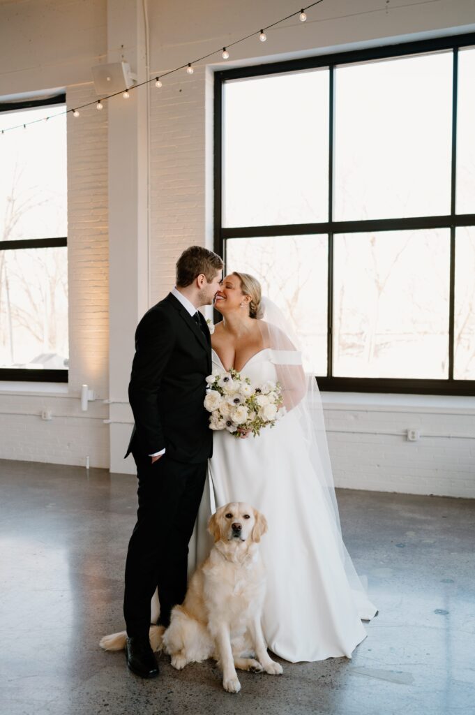 bride and groom portraits with dog