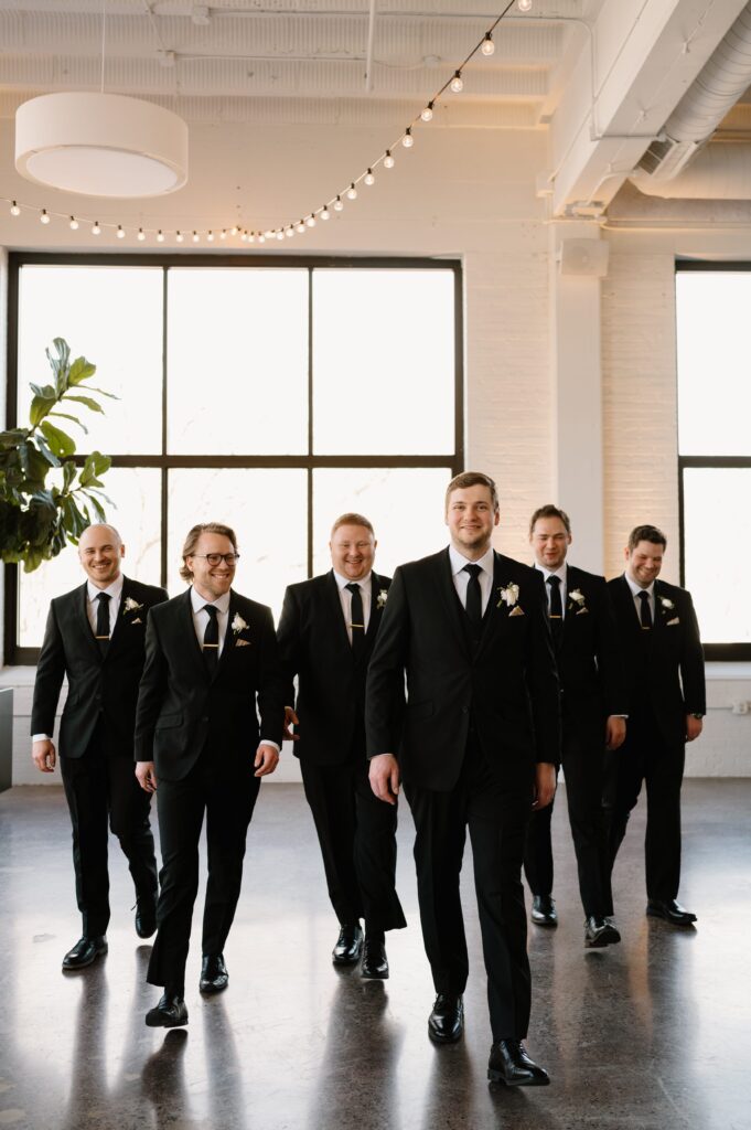 groomsmen portrait at winter Urban Daisy wedding